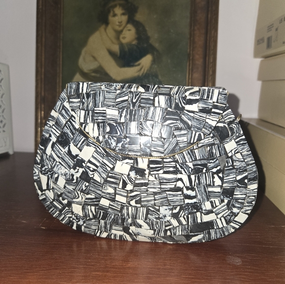 Ramla Handmade Moroccan Mosaic Stone TileCrossbody Purse Black & White - Picture 4 of 8